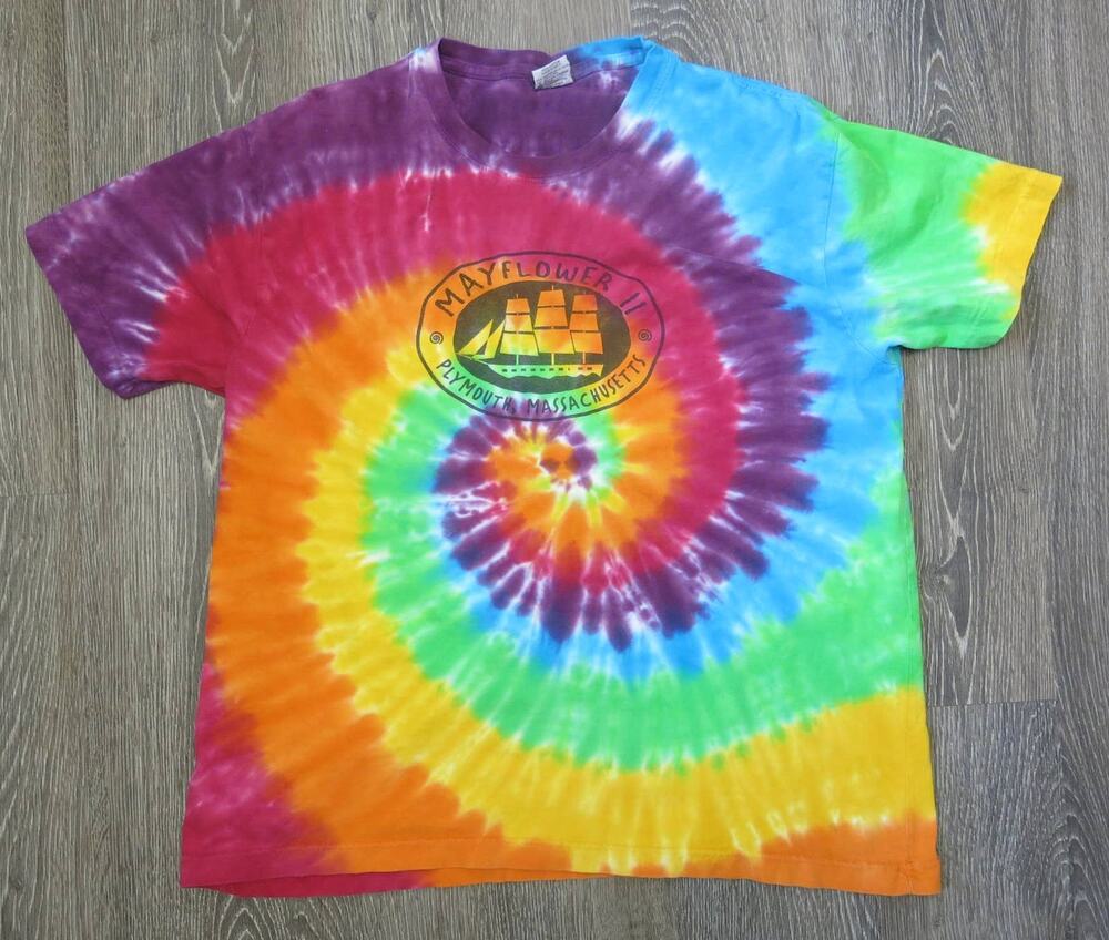 MAYFLOWER PLYMOUTH Massachusetts T Shirt Size L Tie Dye Hippie Festival Colorful